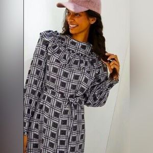 Anthropologie Porridge Ruffled Midi Belted Dress Pockets Black Motif Size S